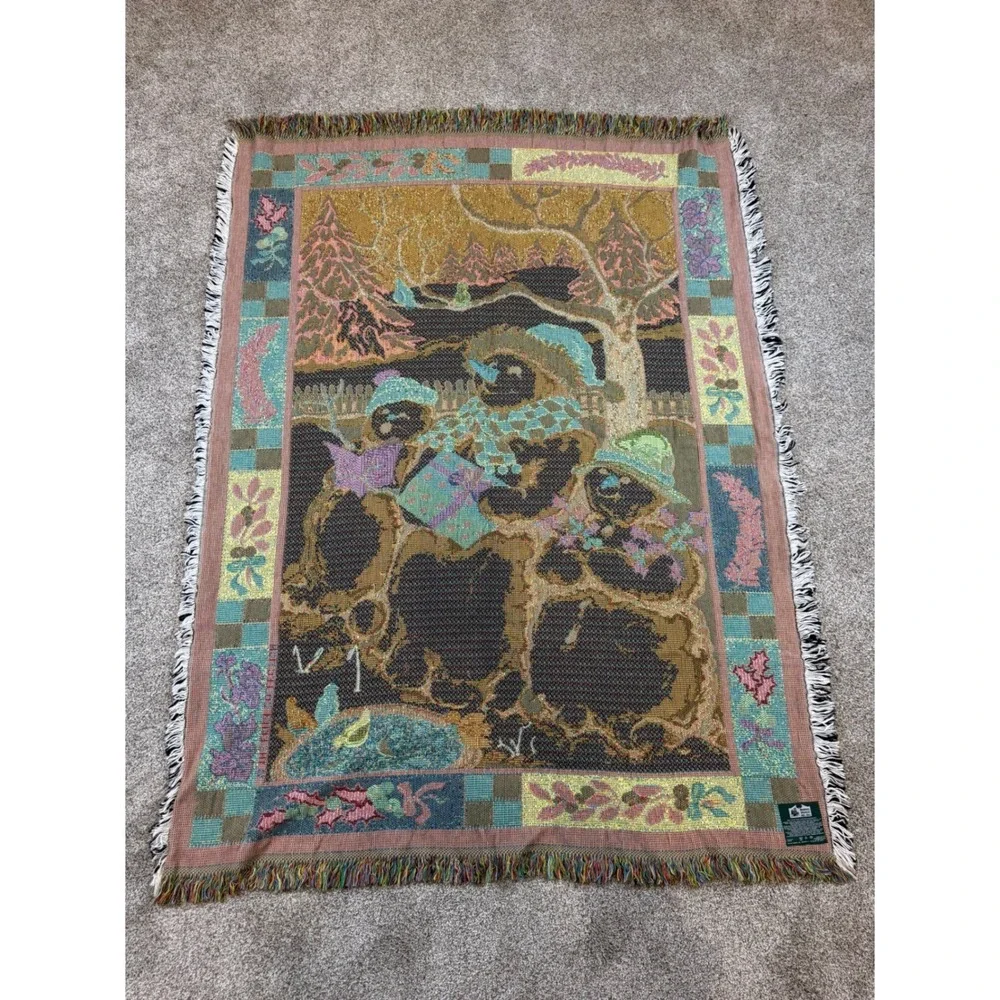 Vtg Goodwin Weavers Snowmen Caroling Woven Tapestry Throw Blanket USA 60